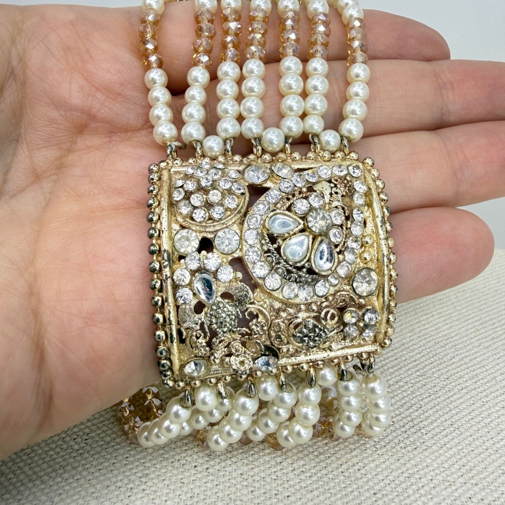 Faux Pearl Rhinestone Bracelet Gold‎ Tone Filigree Statement Multi Strand
